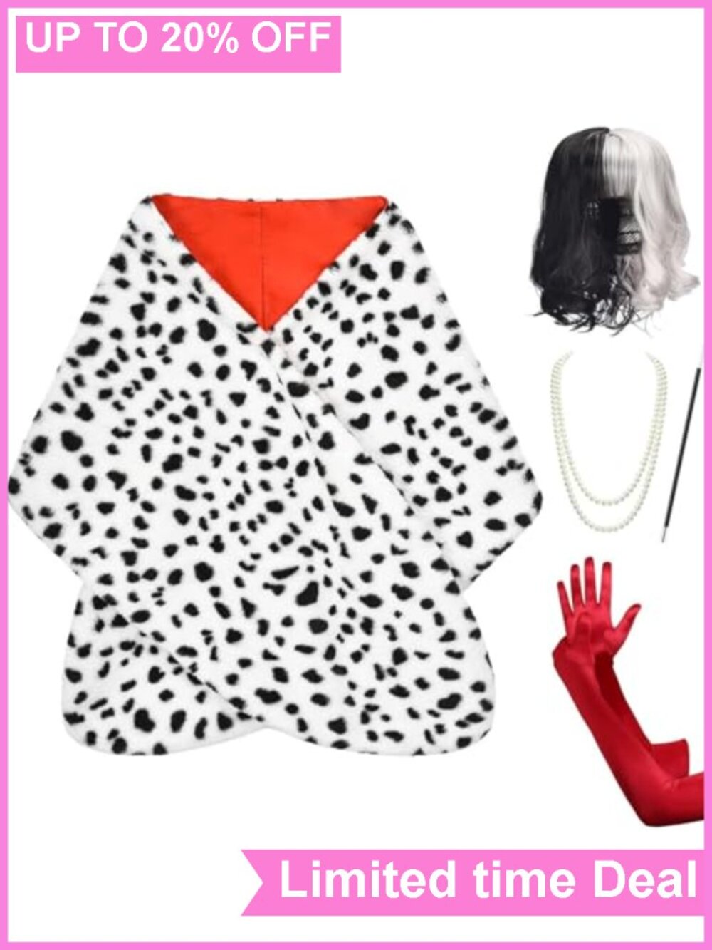 Women's Dalmatian Halloween Costume Set Wig Shawl Adult